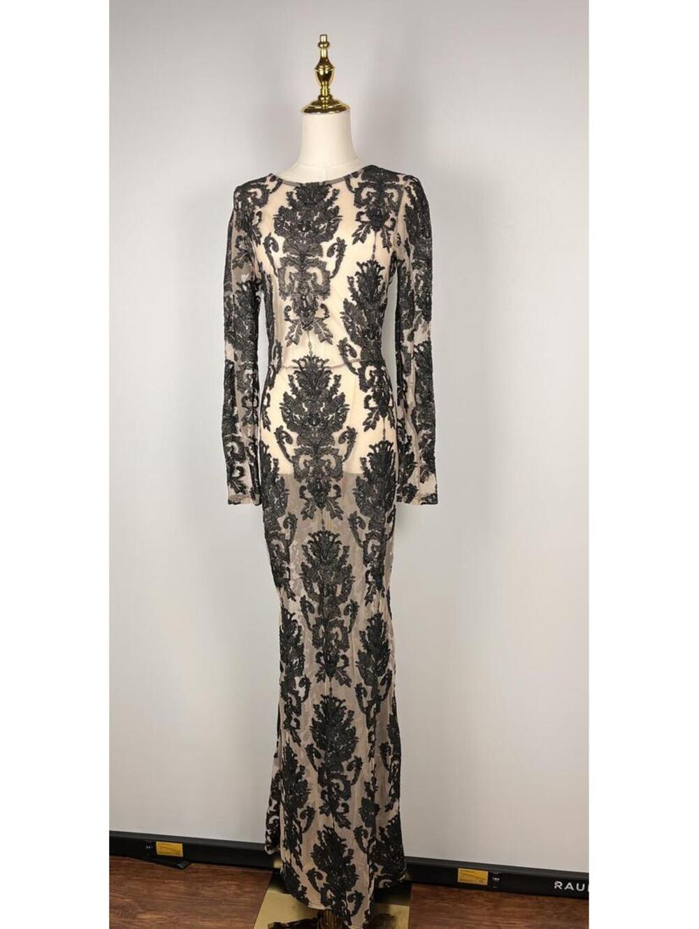 For Love & Lemons Etheral Maxi Dress Black Lace Open Back Size M Formal Gown